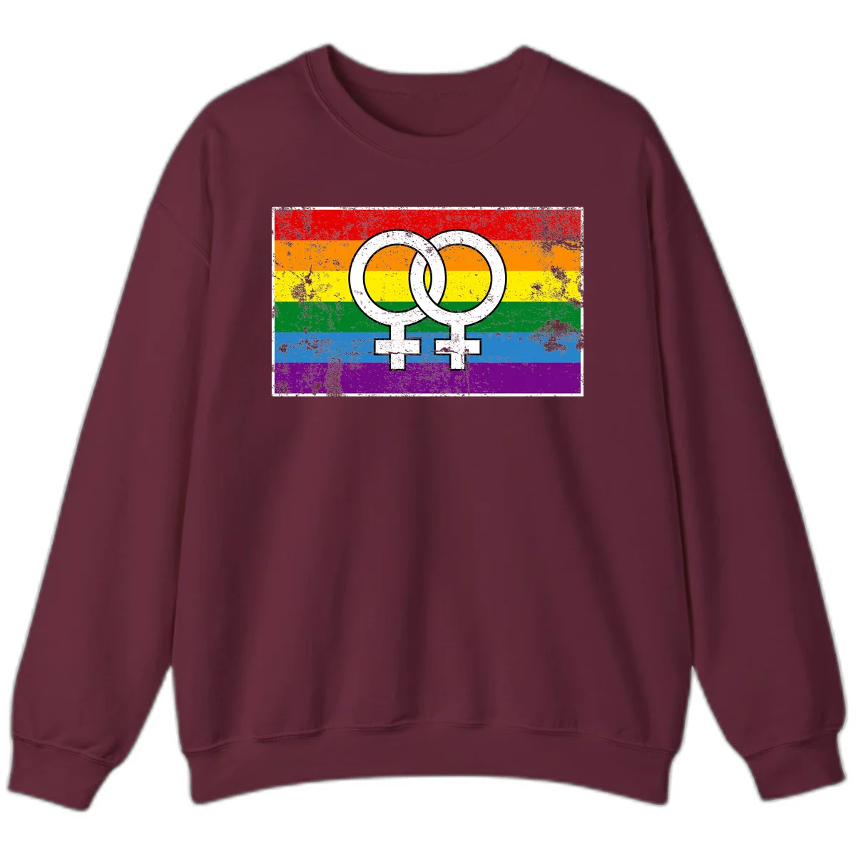 Two interlocking white female symbols on a distressed rainbow pride flag background representing lesbian pride and LGBTQ+ community in Maroon