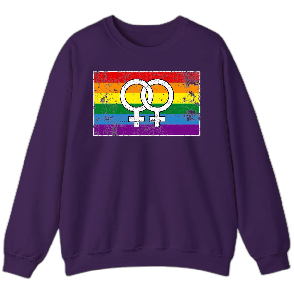 Two interlocking white female symbols on a distressed rainbow pride flag background representing lesbian pride and LGBTQ+ community in Purple