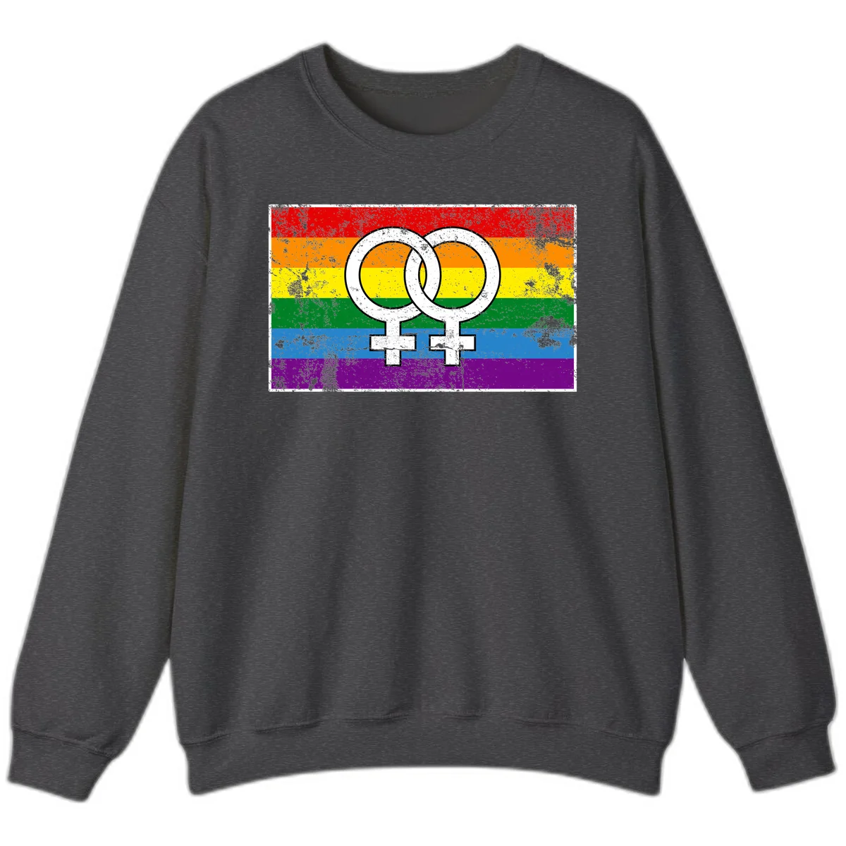 Two interlocking white female symbols on a distressed rainbow pride flag background representing lesbian pride and LGBTQ+ community in Dark Heather