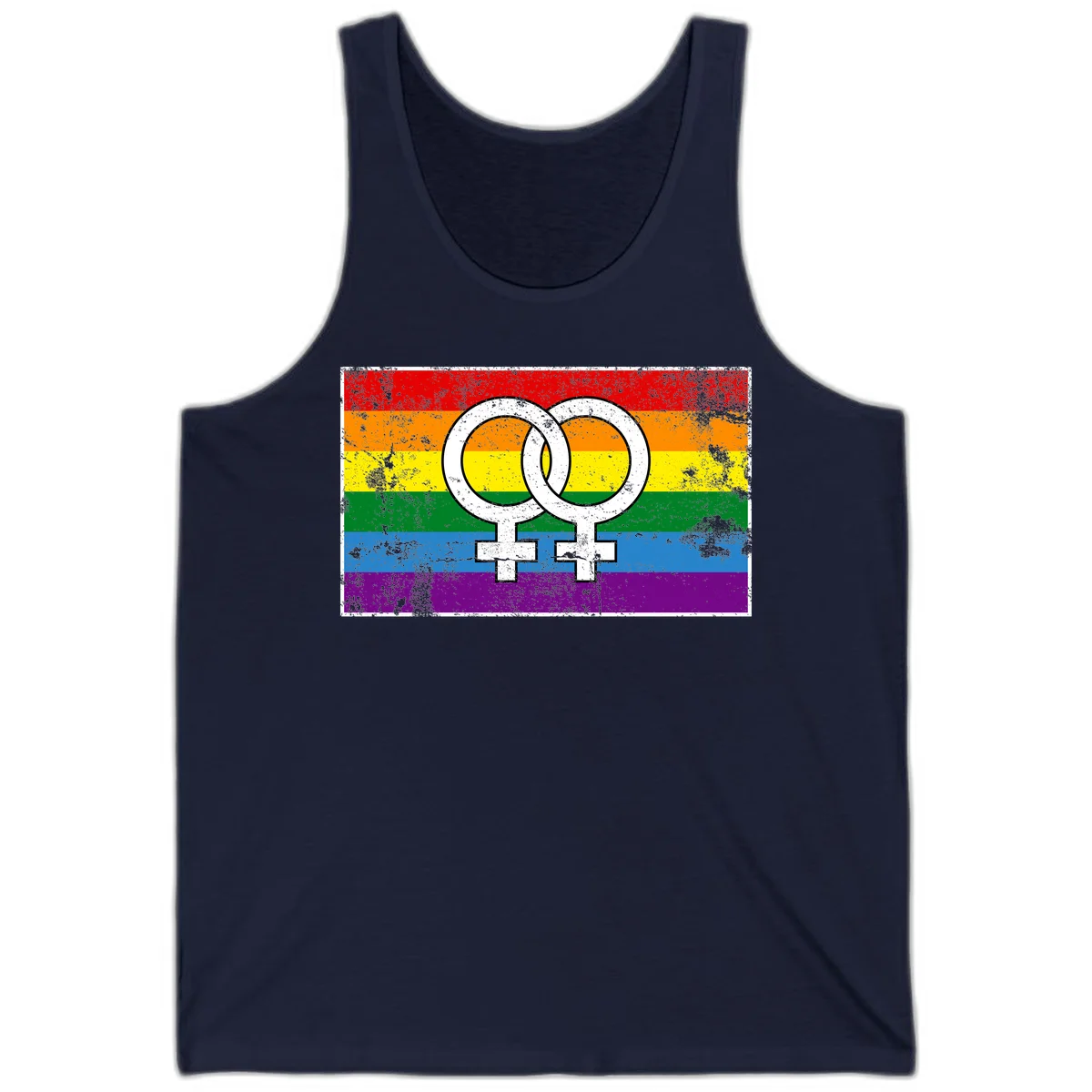 Two interlocking white female symbols on a distressed rainbow pride flag background representing lesbian pride and LGBTQ+ community in Navy