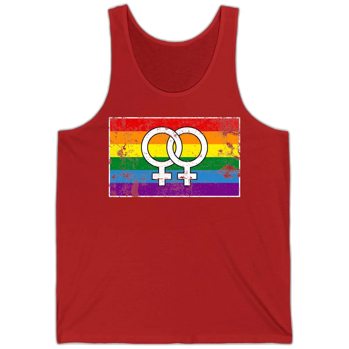 Two interlocking white female symbols on a distressed rainbow pride flag background representing lesbian pride and LGBTQ+ community in Red