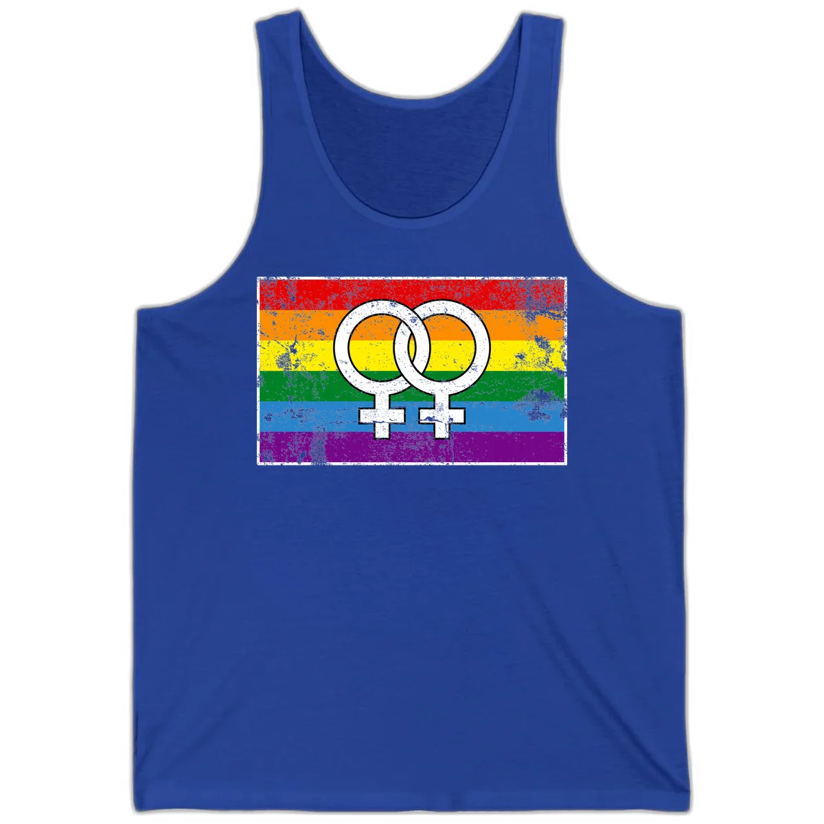Two interlocking white female symbols on a distressed rainbow pride flag background representing lesbian pride and LGBTQ+ community in True Royal