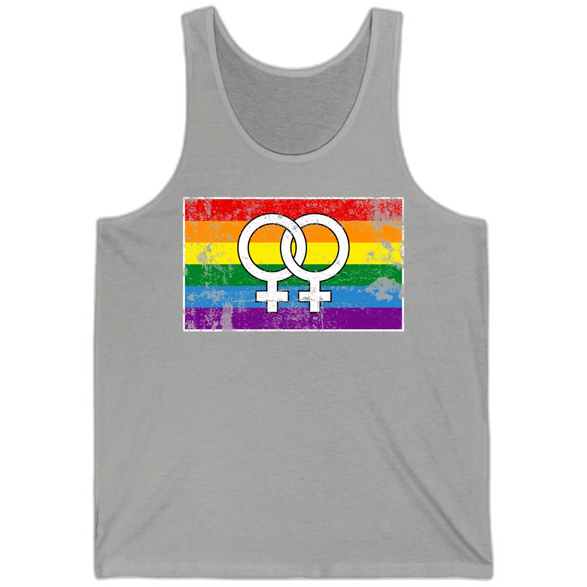 Two interlocking white female symbols on a distressed rainbow pride flag background representing lesbian pride and LGBTQ+ community in Athletic Heather