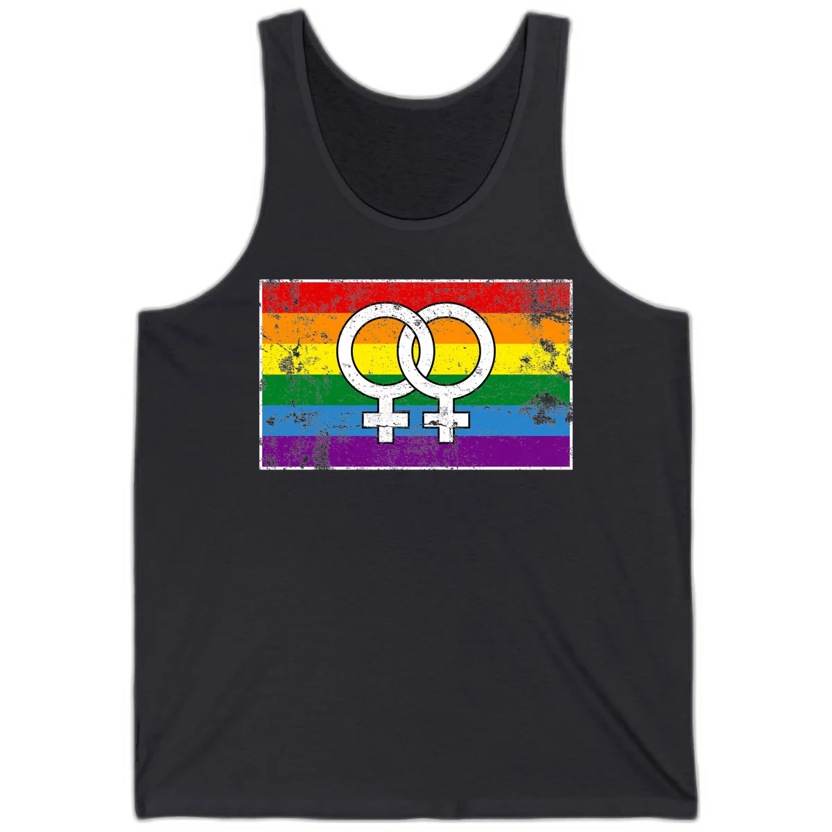 Two interlocking white female symbols on a distressed rainbow pride flag background representing lesbian pride and LGBTQ+ community in Dark Grey
