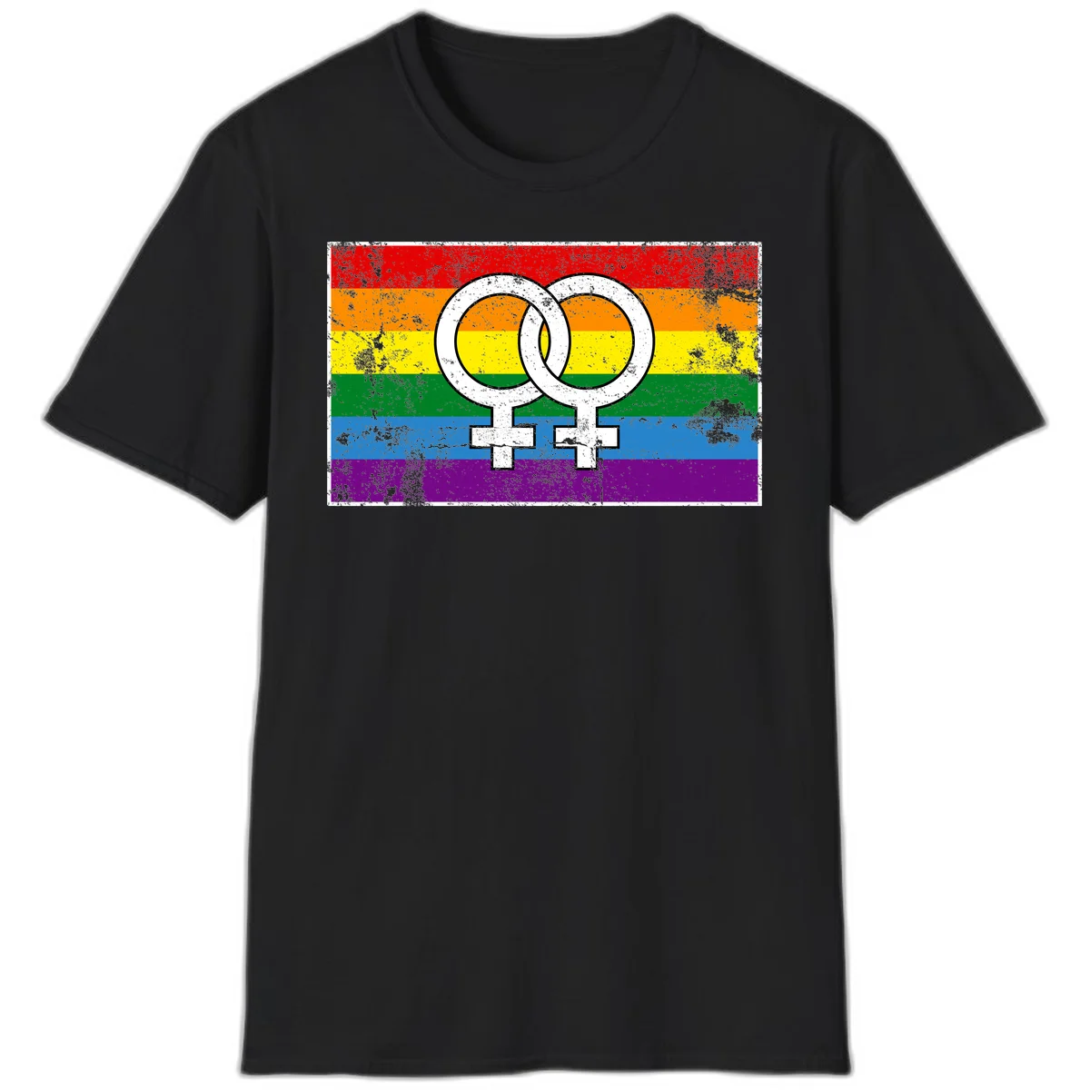 Two interlocking white female symbols on a distressed rainbow pride flag background representing lesbian pride and LGBTQ+ community in Black