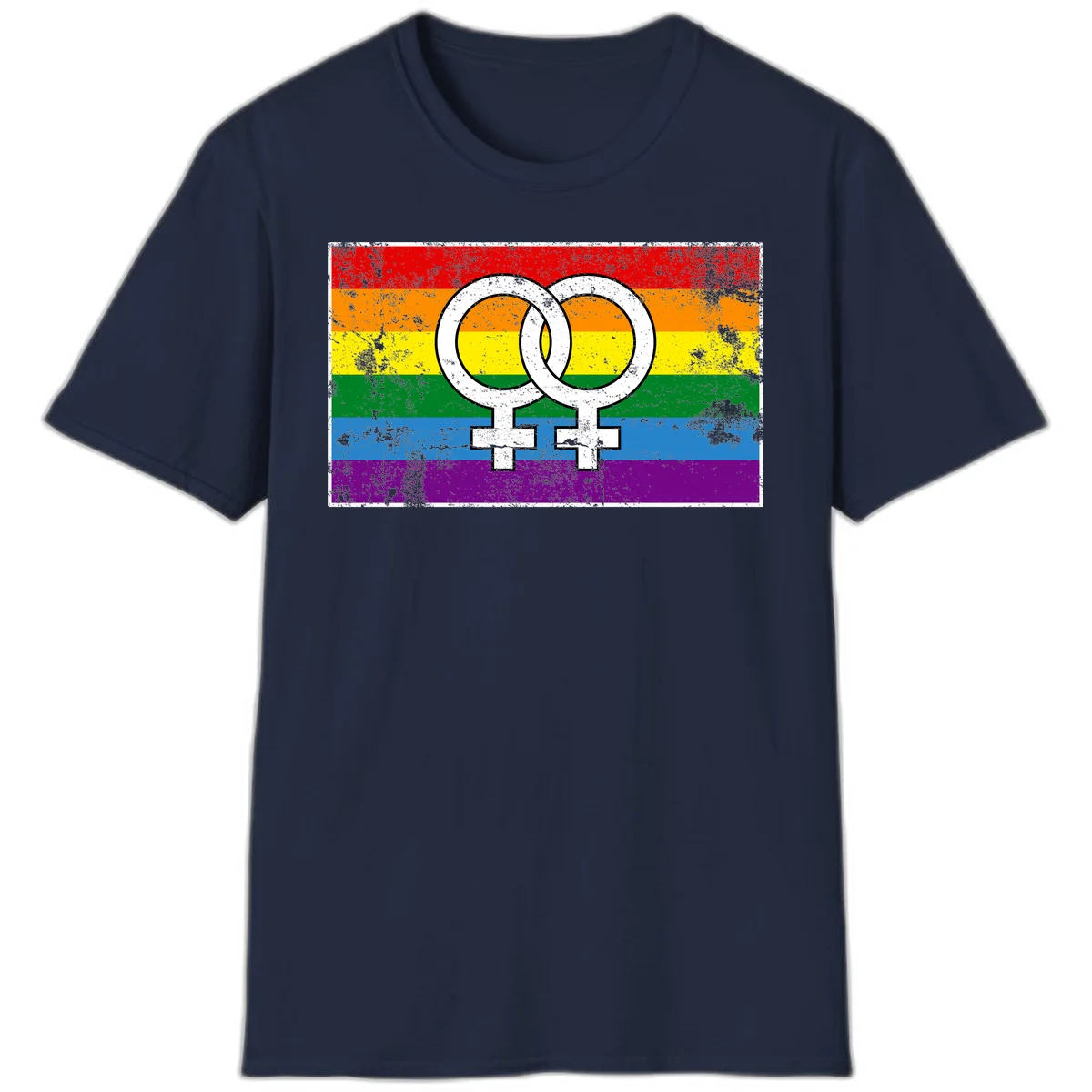 Two interlocking white female symbols on a distressed rainbow pride flag background representing lesbian pride and LGBTQ+ community in Navy