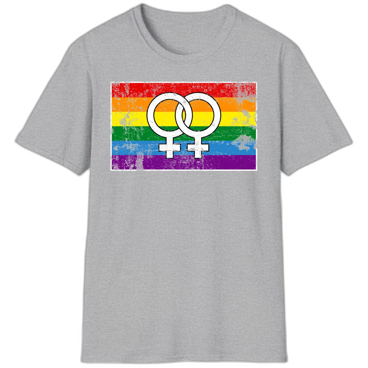 Two interlocking white female symbols on a distressed rainbow pride flag background representing lesbian pride and LGBTQ+ community in Sport Grey