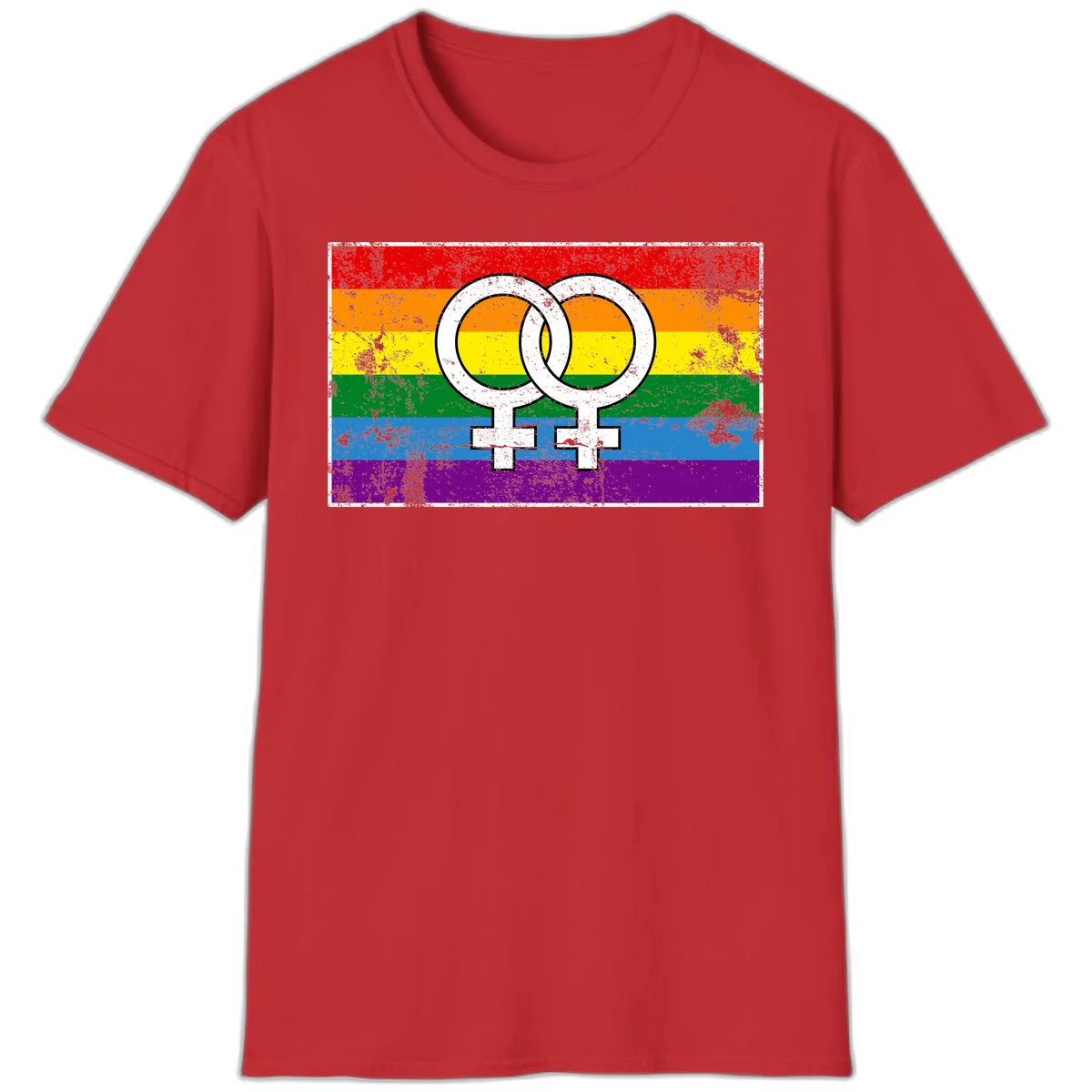 Two interlocking white female symbols on a distressed rainbow pride flag background representing lesbian pride and LGBTQ+ community in Red