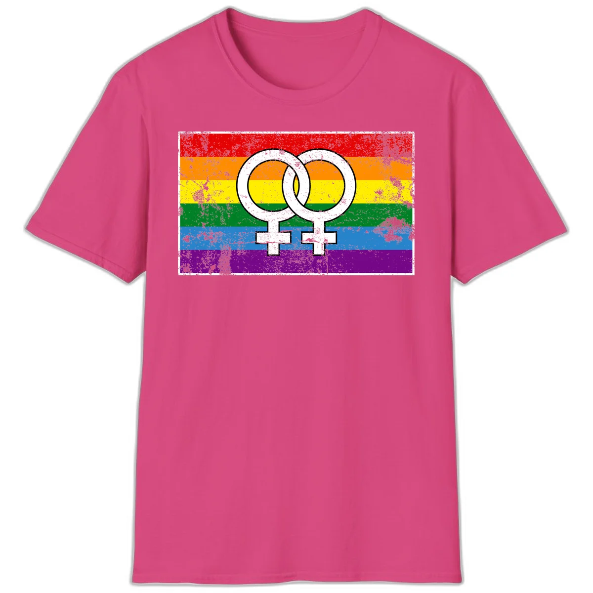 Two interlocking white female symbols on a distressed rainbow pride flag background representing lesbian pride and LGBTQ+ community in Heliconia