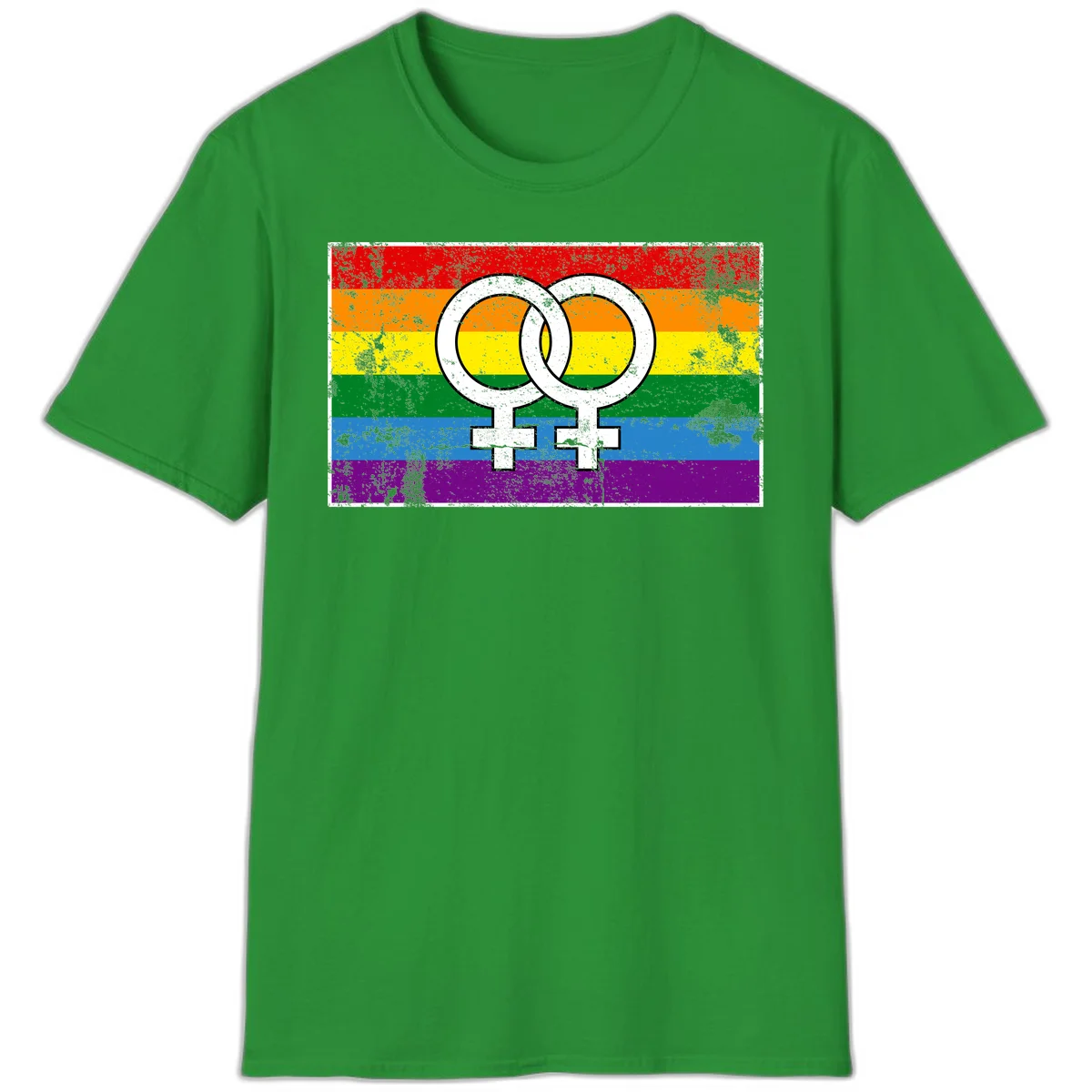 Two interlocking white female symbols on a distressed rainbow pride flag background representing lesbian pride and LGBTQ+ community in Irish Green
