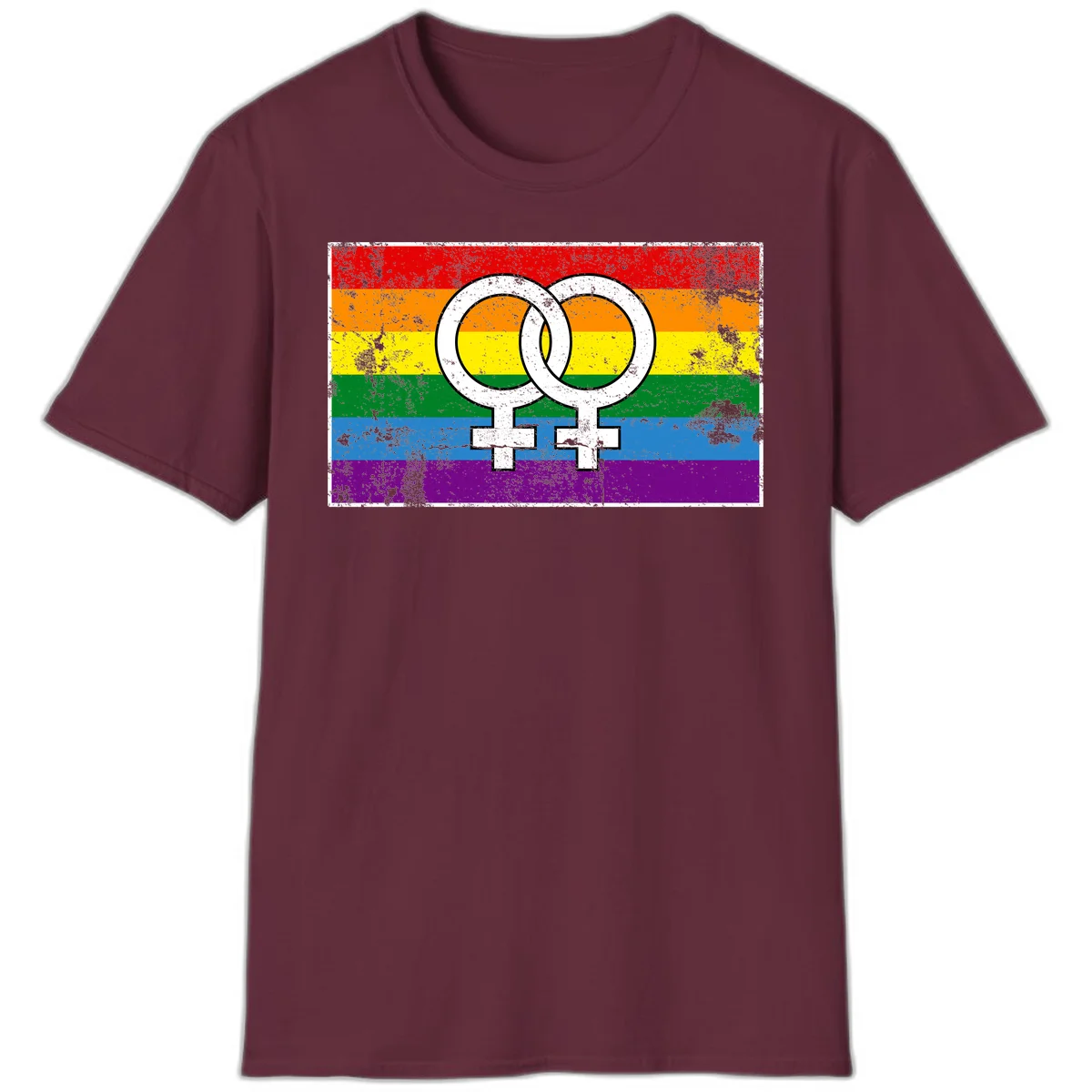 Two interlocking white female symbols on a distressed rainbow pride flag background representing lesbian pride and LGBTQ+ community in Maroon