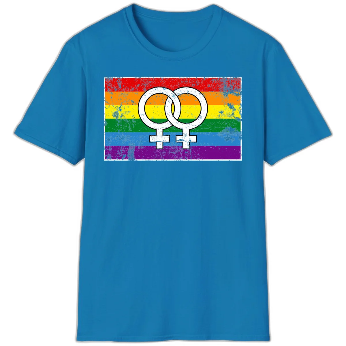 Two interlocking white female symbols on a distressed rainbow pride flag background representing lesbian pride and LGBTQ+ community in Sapphire