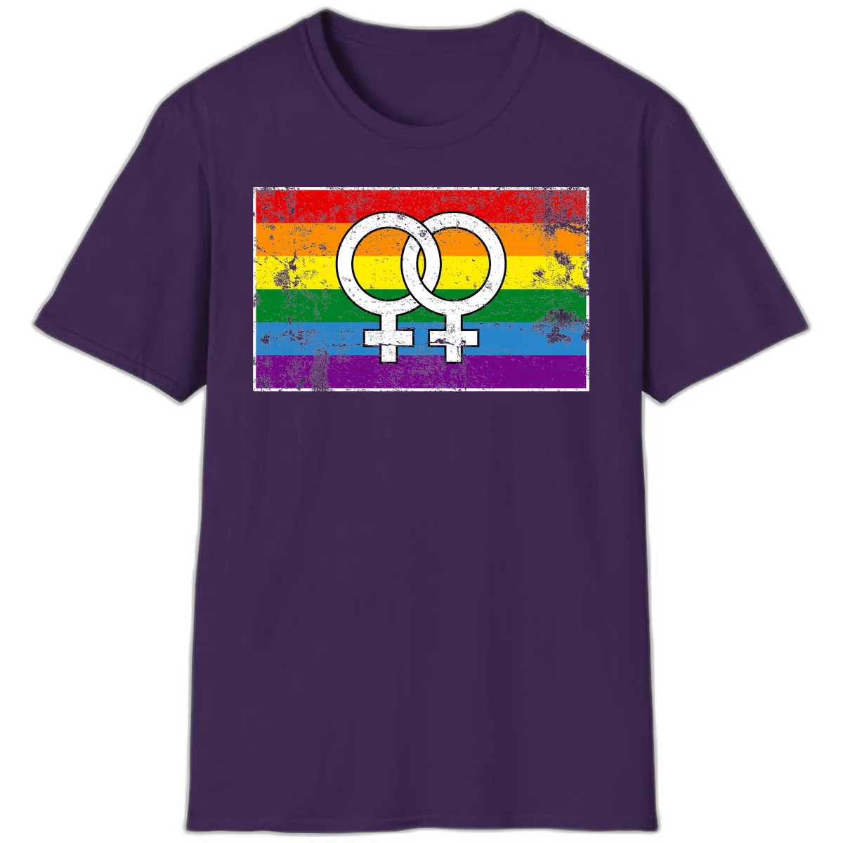 Two interlocking white female symbols on a distressed rainbow pride flag background representing lesbian pride and LGBTQ+ community in Purple