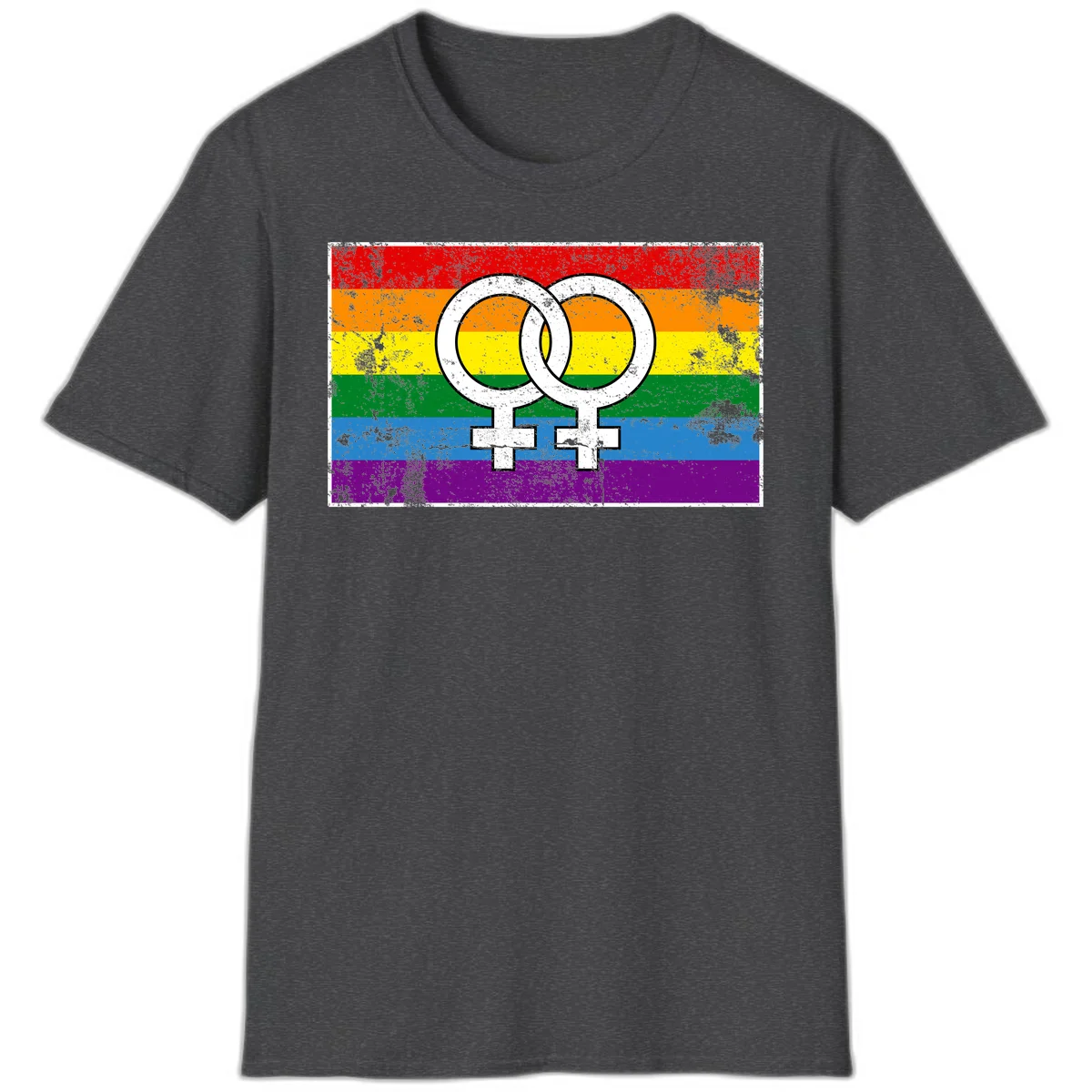 Two interlocking white female symbols on a distressed rainbow pride flag background representing lesbian pride and LGBTQ+ community in Dark Heather
