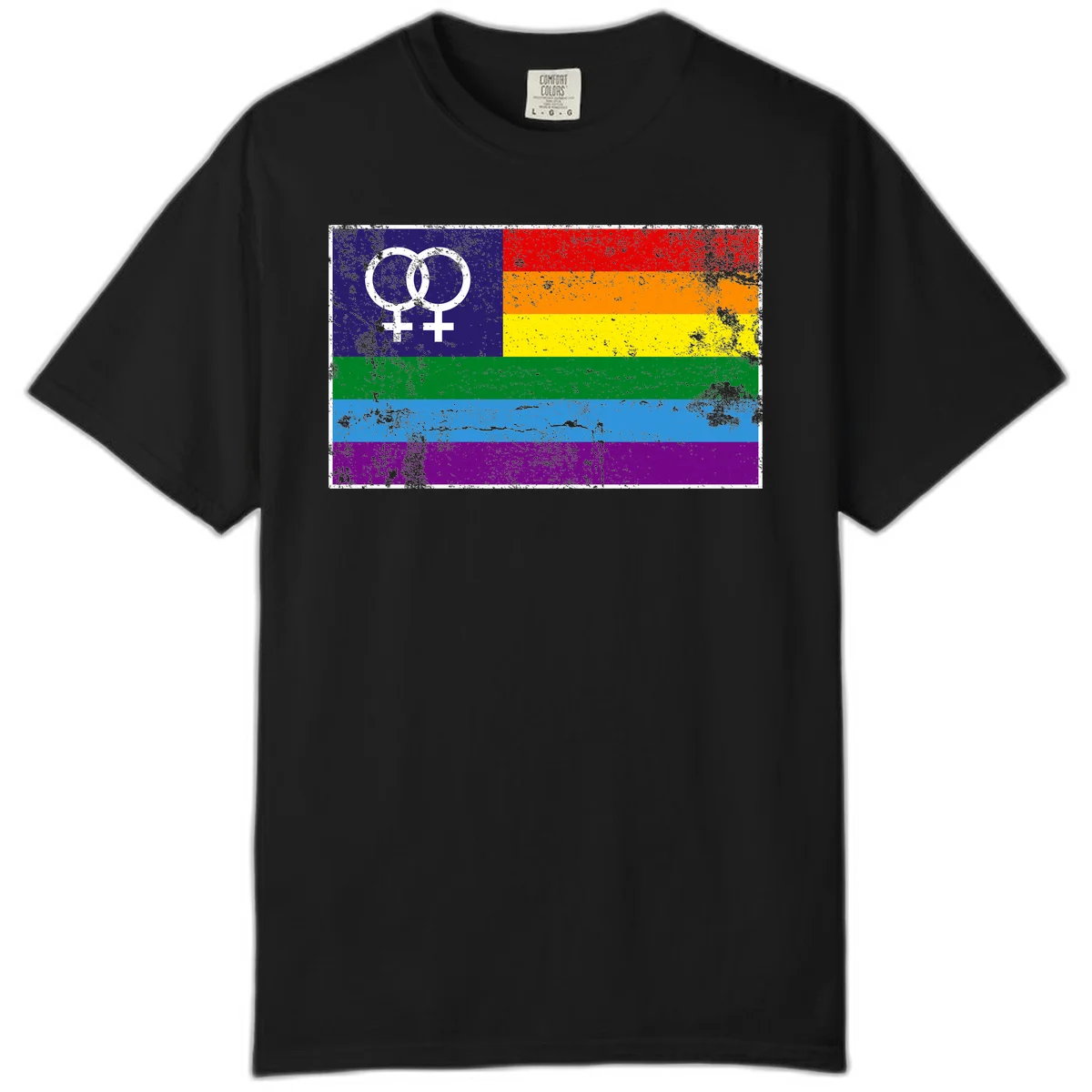 Lesbian pride flag with two interlocking female symbols on distressed background, rainbow stripes design in Black