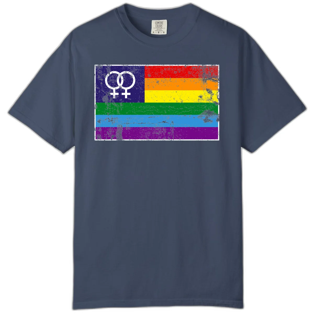 Lesbian pride flag with two interlocking female symbols on distressed background, rainbow stripes design in Midnight