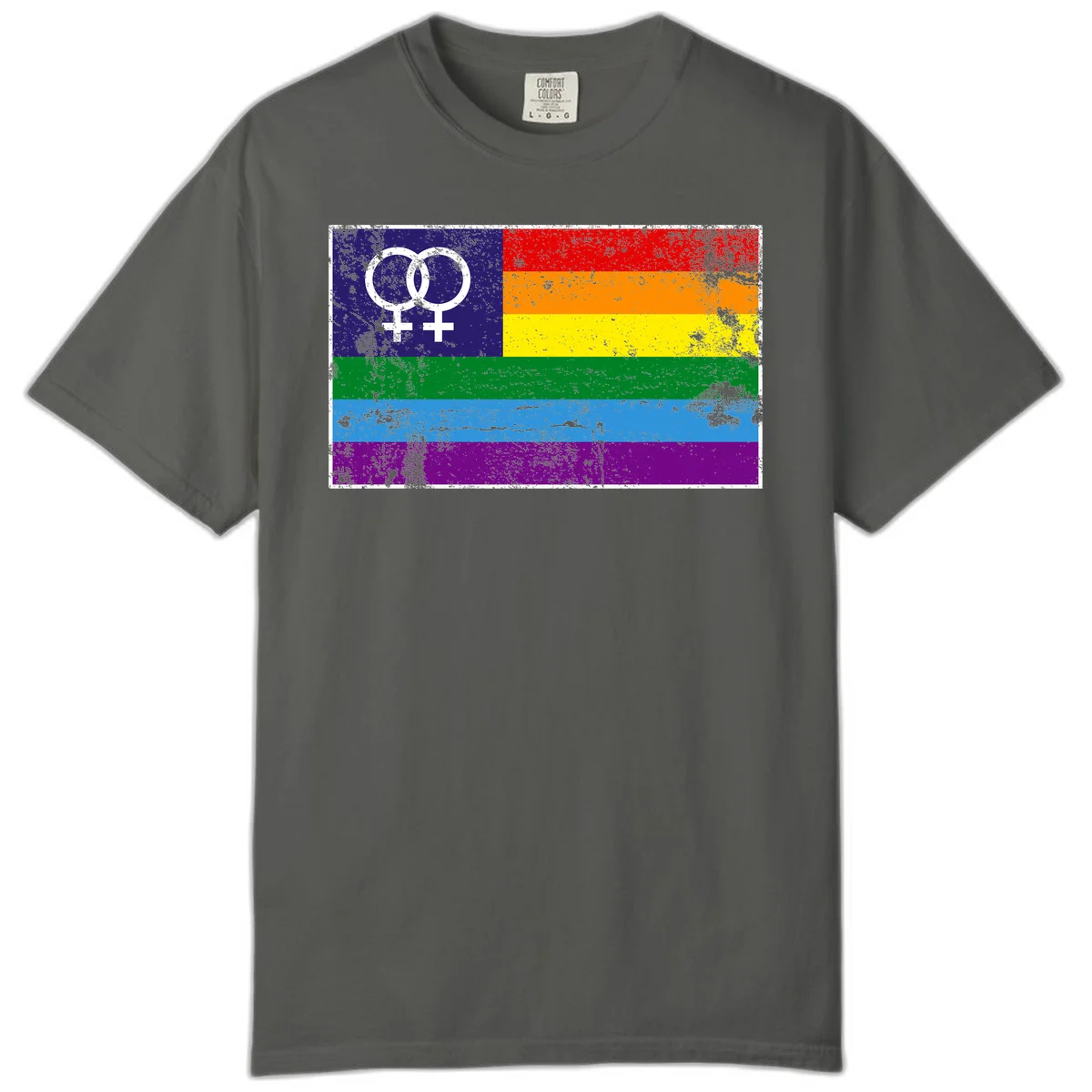 Lesbian pride flag with two interlocking female symbols on distressed background, rainbow stripes design in Pepper