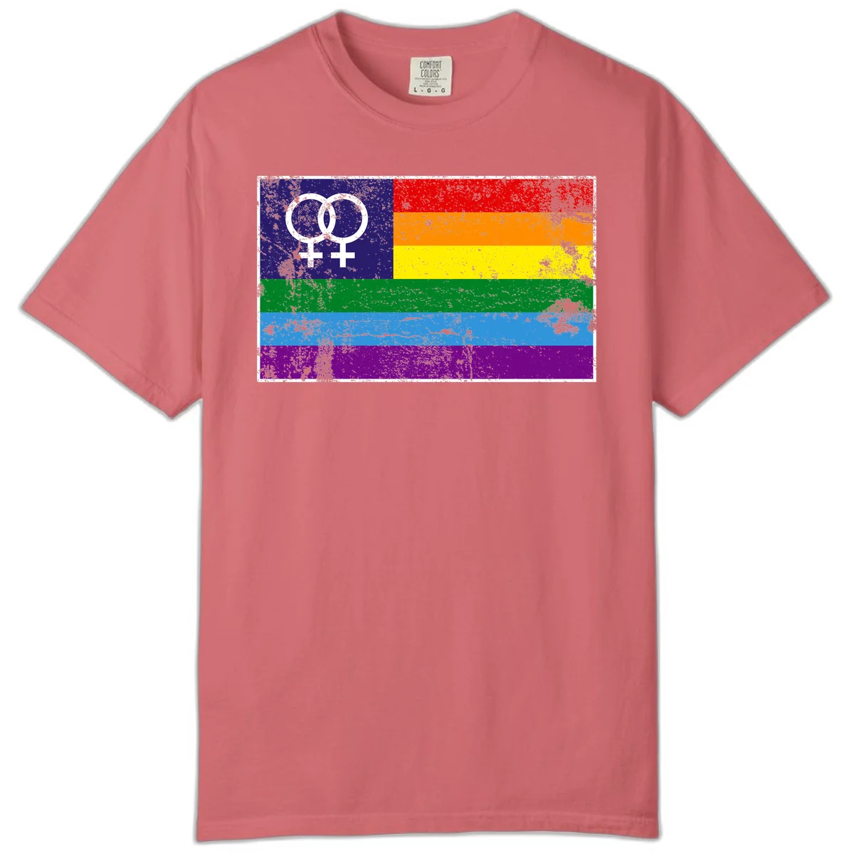 Lesbian pride flag with two interlocking female symbols on distressed background, rainbow stripes design in Watermelon