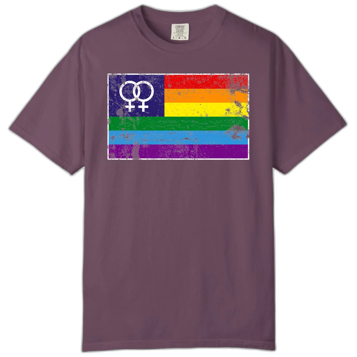 Lesbian pride flag with two interlocking female symbols on distressed background, rainbow stripes design in Berry