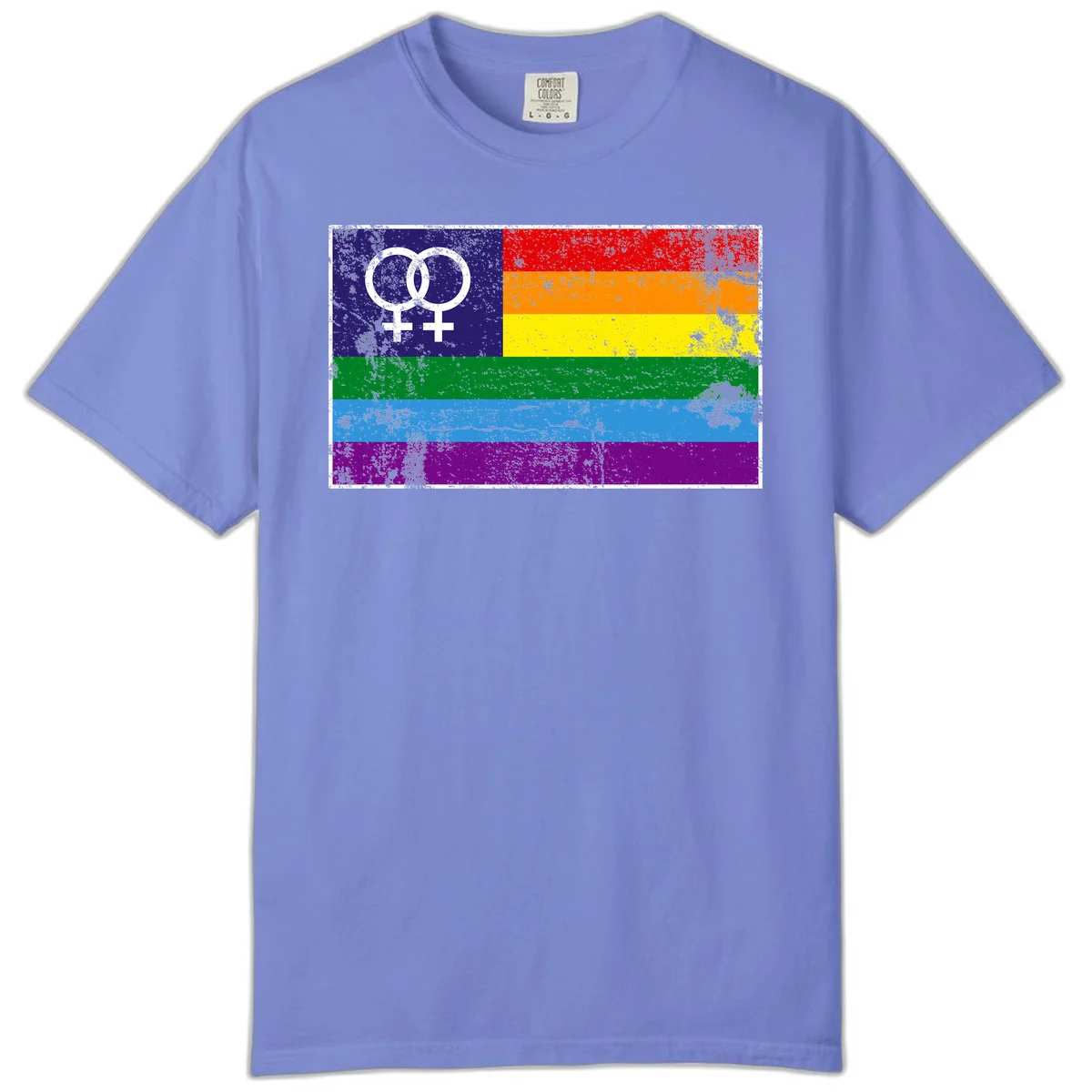 Lesbian pride flag with two interlocking female symbols on distressed background, rainbow stripes design in Flo Blue