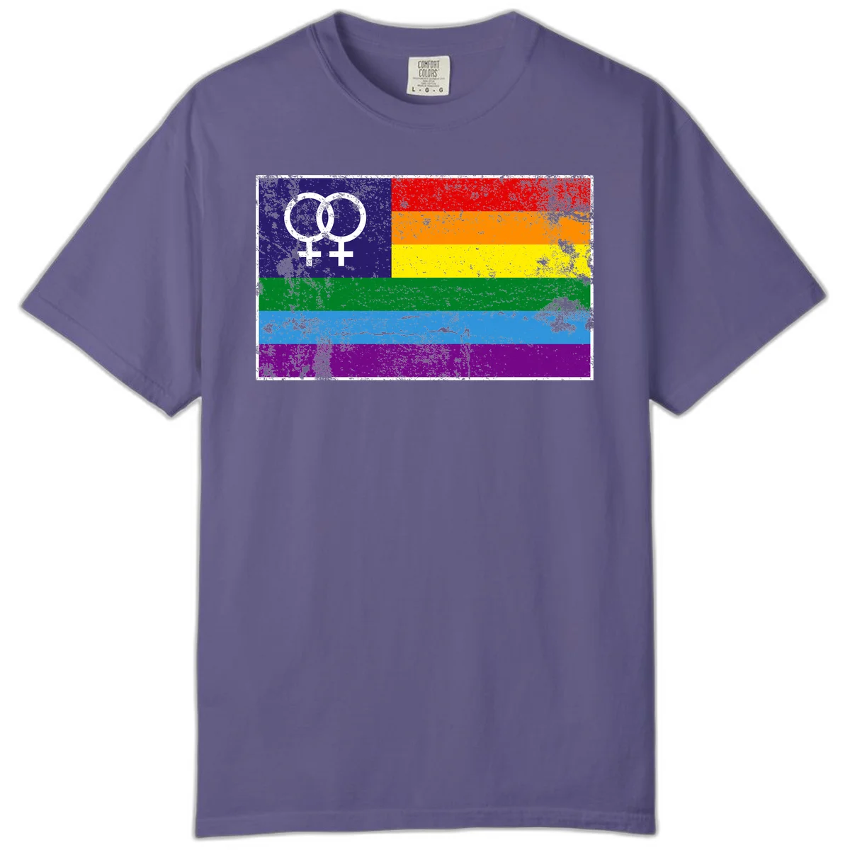 Lesbian pride flag with two interlocking female symbols on distressed background, rainbow stripes design in Grape