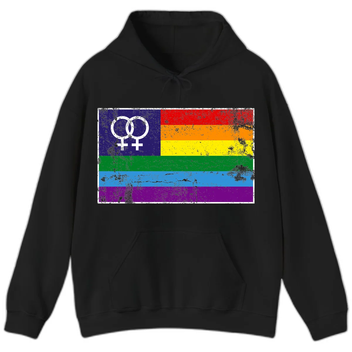 Lesbian pride flag with two interlocking female symbols on distressed background, rainbow stripes design in Black