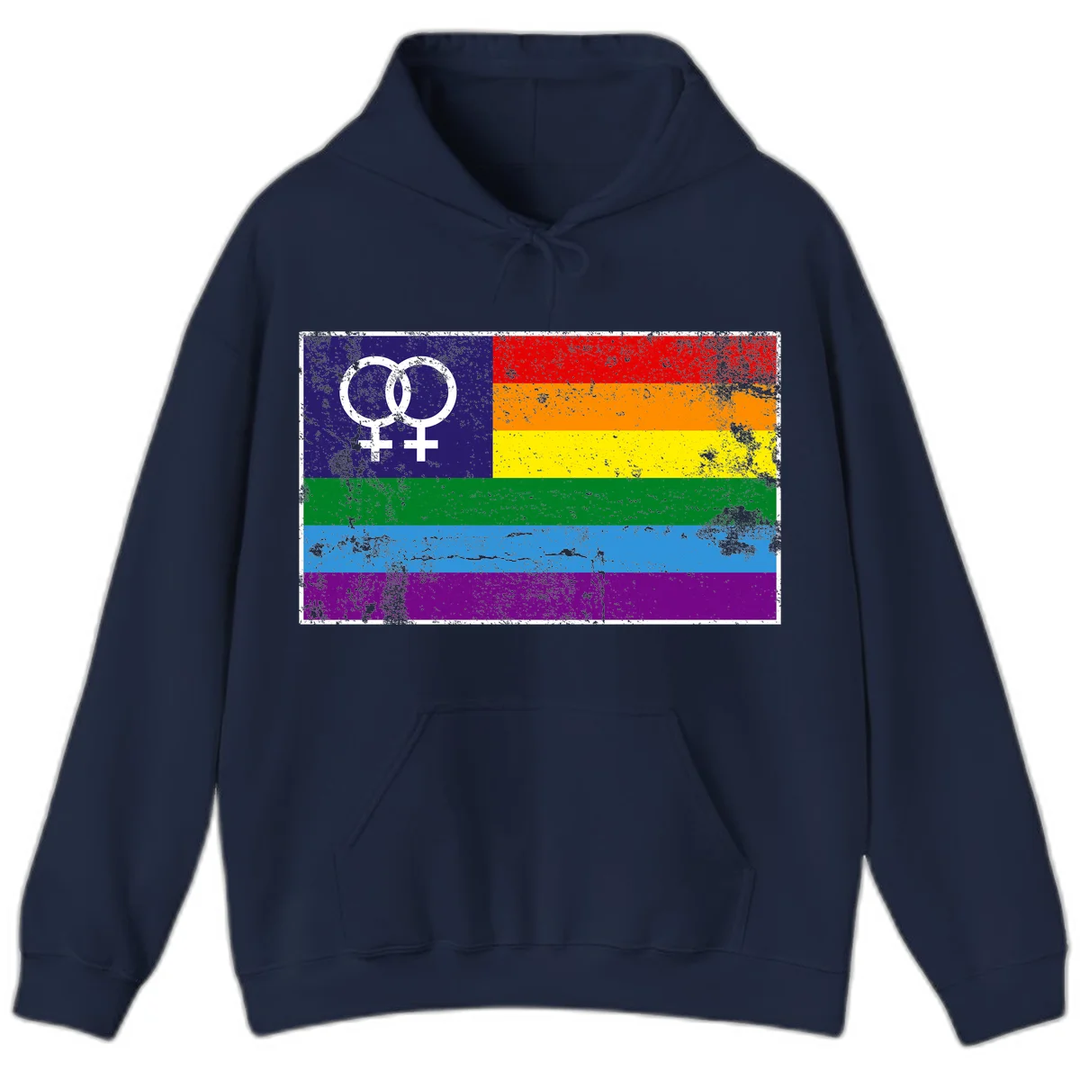 Lesbian pride flag with two interlocking female symbols on distressed background, rainbow stripes design in Navy