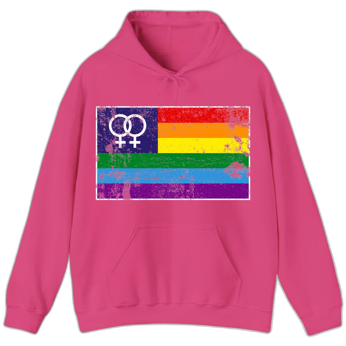 Lesbian pride flag with two interlocking female symbols on distressed background, rainbow stripes design in Heliconia