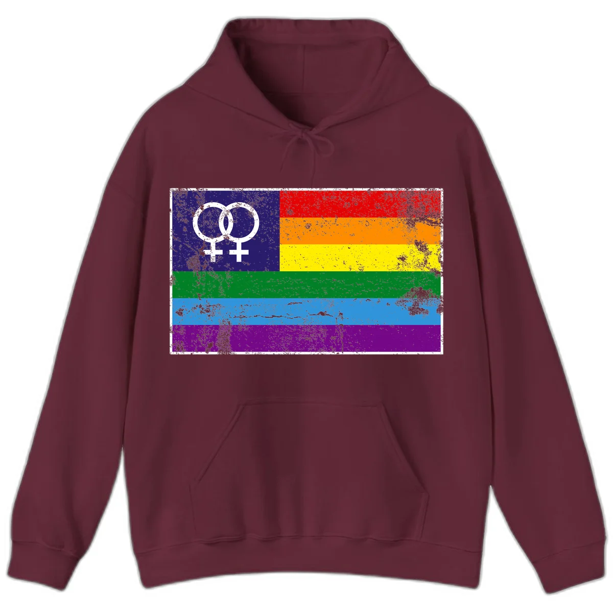 Lesbian pride flag with two interlocking female symbols on distressed background, rainbow stripes design in Maroon