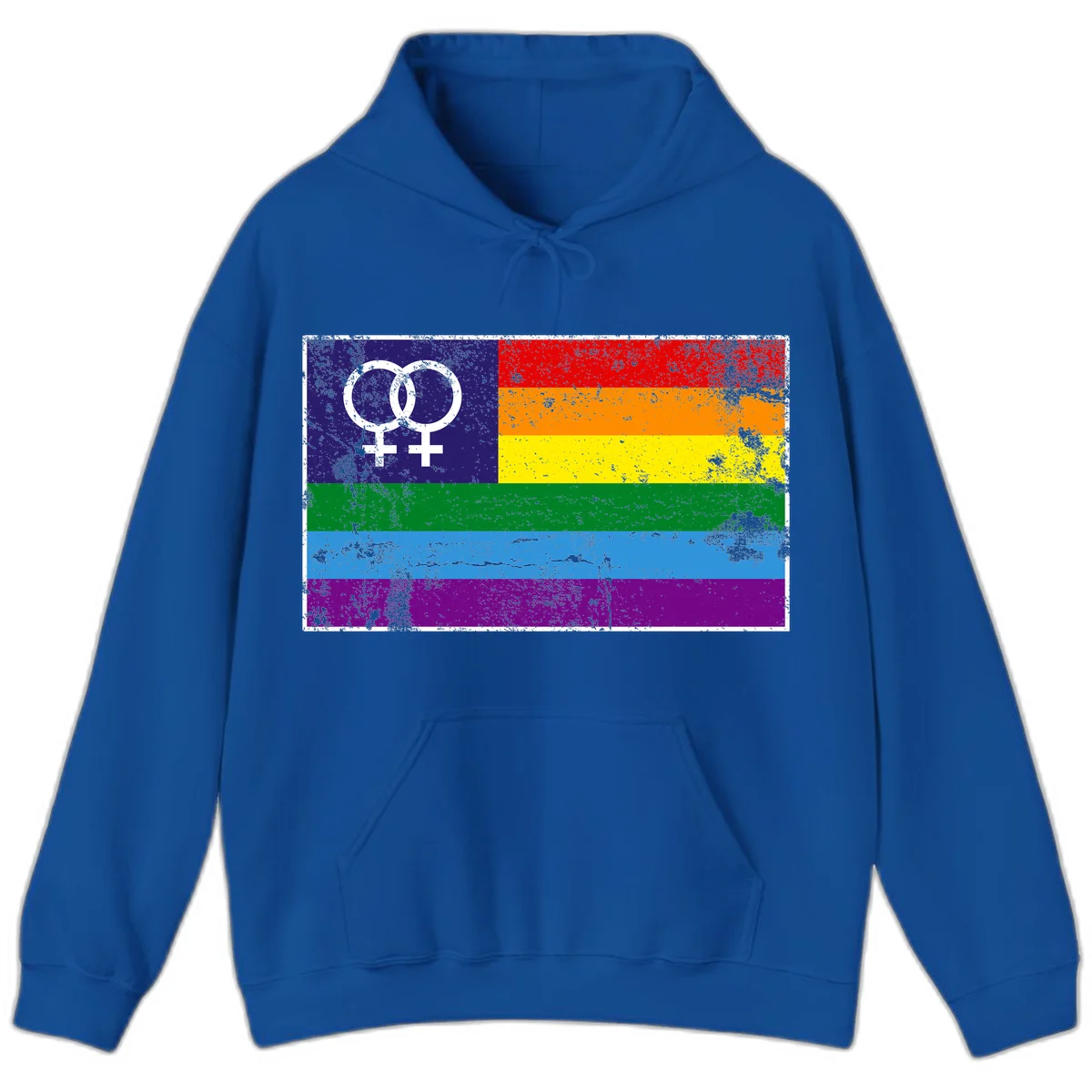 Lesbian pride flag with two interlocking female symbols on distressed background, rainbow stripes design in Royal
