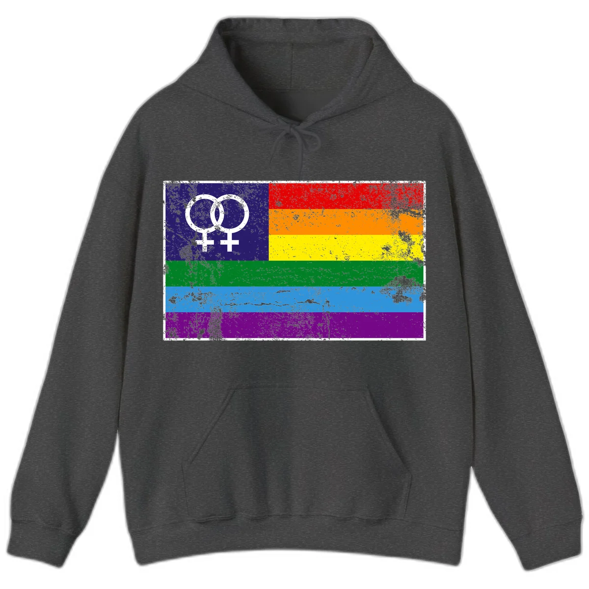 Lesbian pride flag with two interlocking female symbols on distressed background, rainbow stripes design in Dark Heather