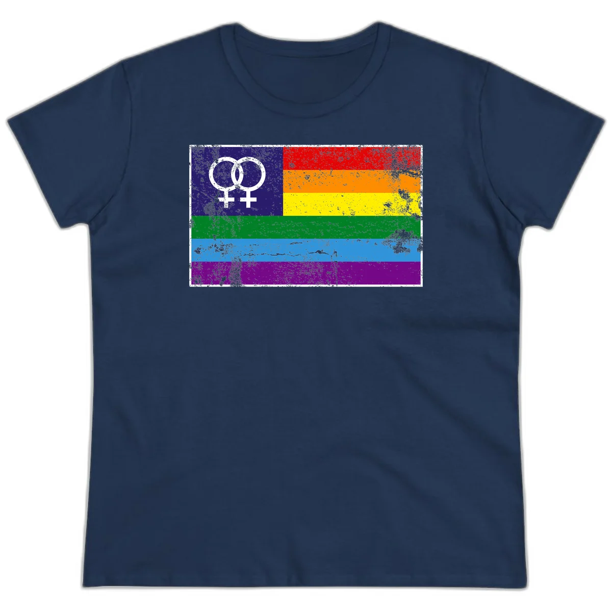 Lesbian pride flag with two interlocking female symbols on distressed background, rainbow stripes design in Navy