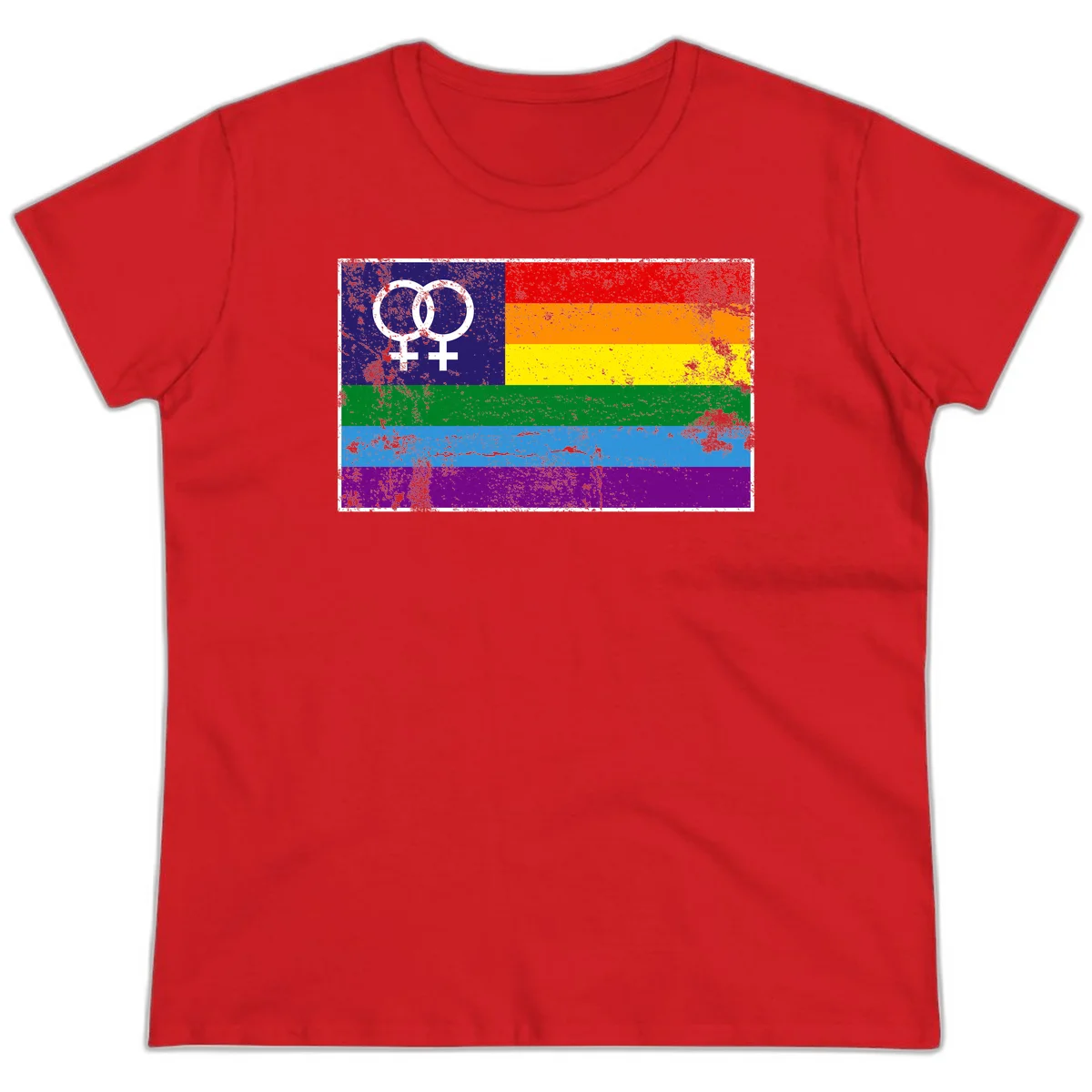 Lesbian pride flag with two interlocking female symbols on distressed background, rainbow stripes design in Red
