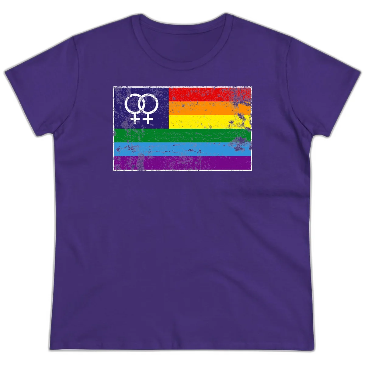 Lesbian pride flag with two interlocking female symbols on distressed background, rainbow stripes design in Purple