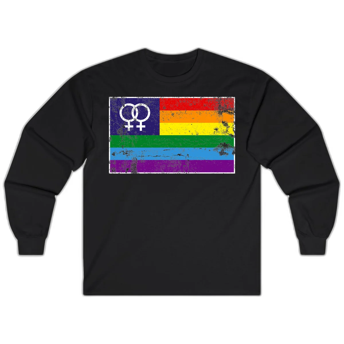 Lesbian pride flag with two interlocking female symbols on distressed background, rainbow stripes design in Black