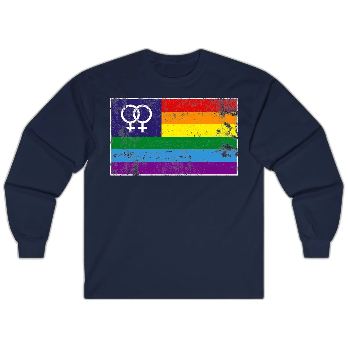 Lesbian pride flag with two interlocking female symbols on distressed background, rainbow stripes design in Navy