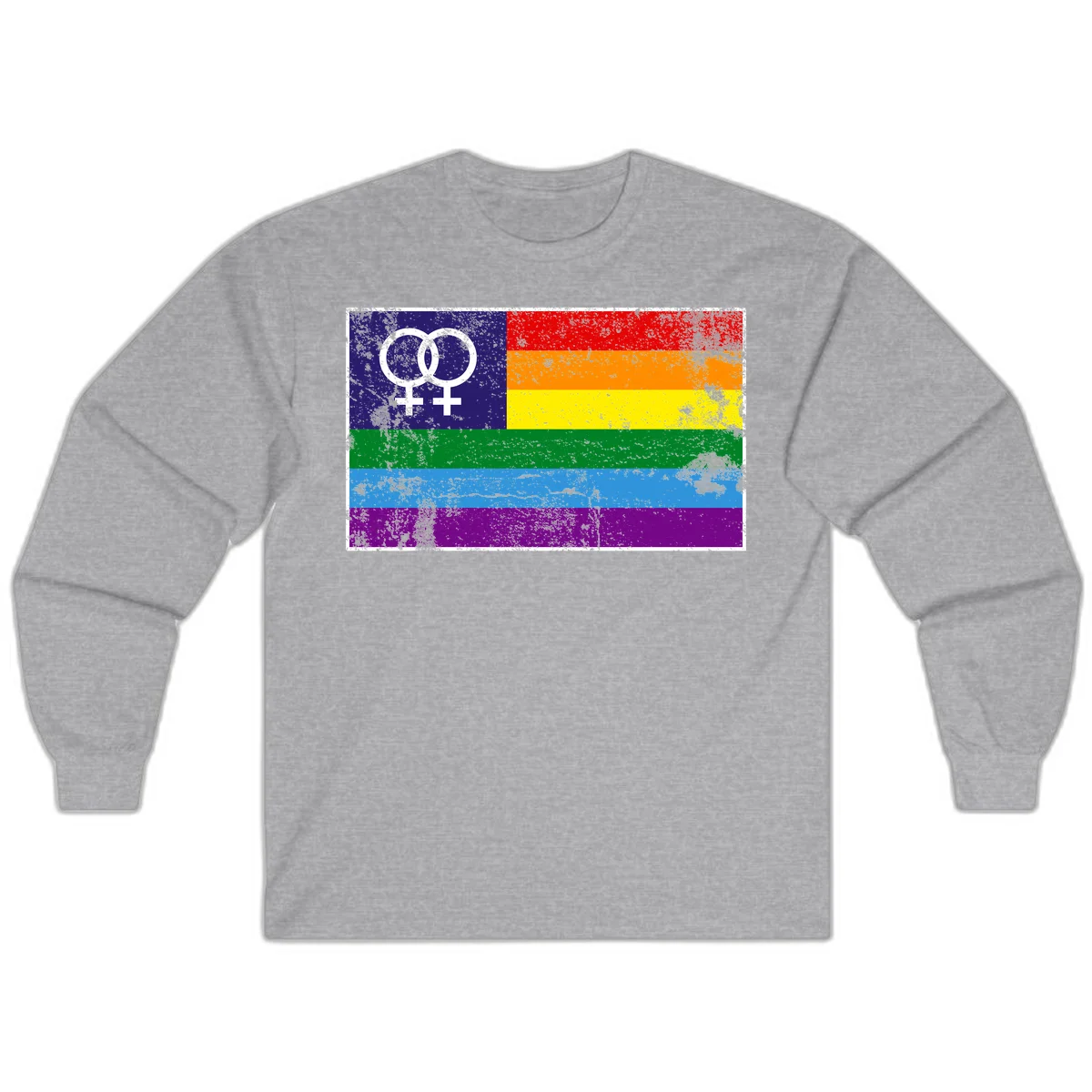 Lesbian pride flag with two interlocking female symbols on distressed background, rainbow stripes design in Sport Grey