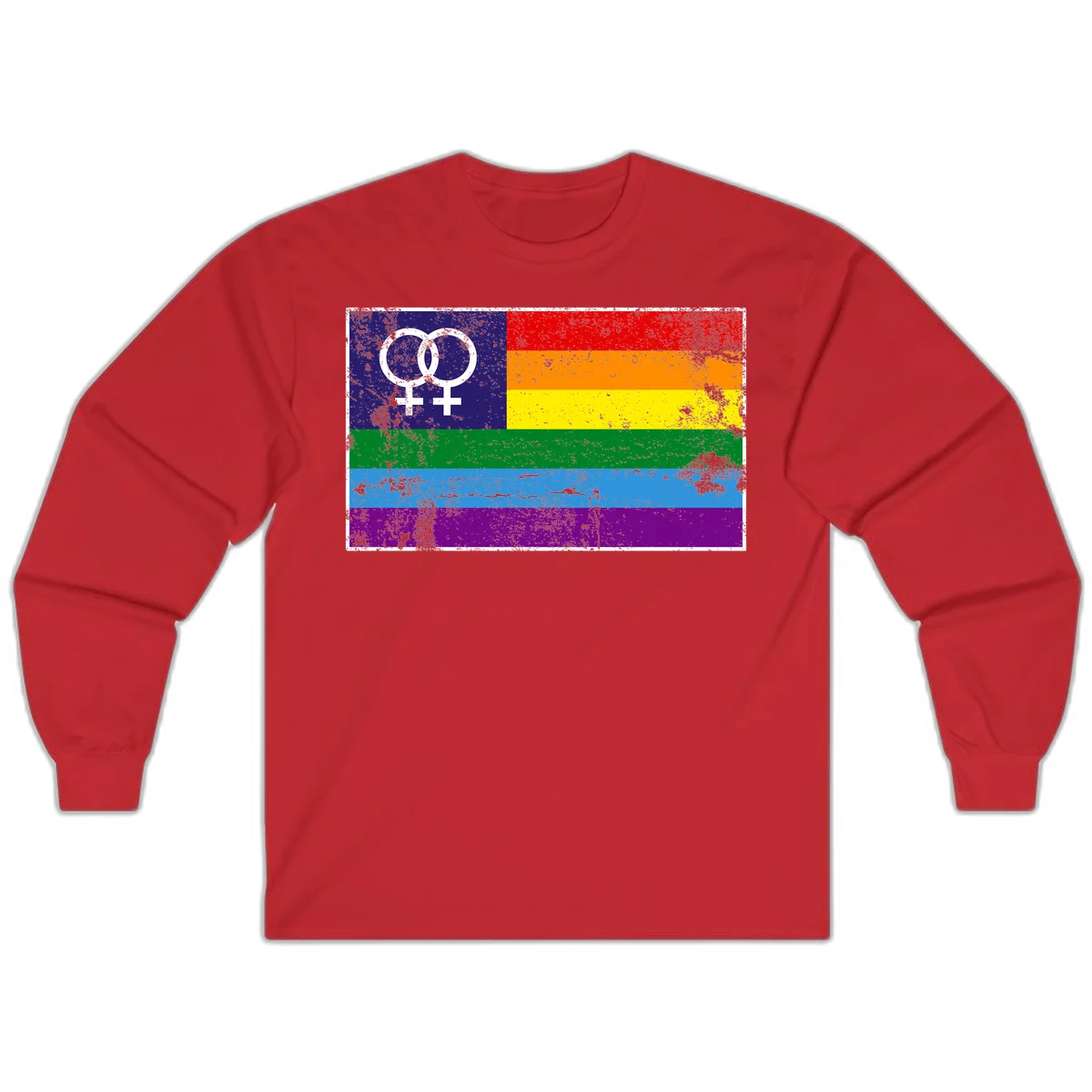 Lesbian pride flag with two interlocking female symbols on distressed background, rainbow stripes design in Red