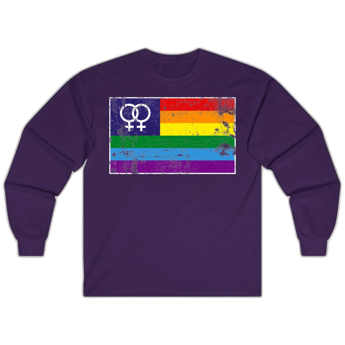 Lesbian pride flag with two interlocking female symbols on distressed background, rainbow stripes design in Purple