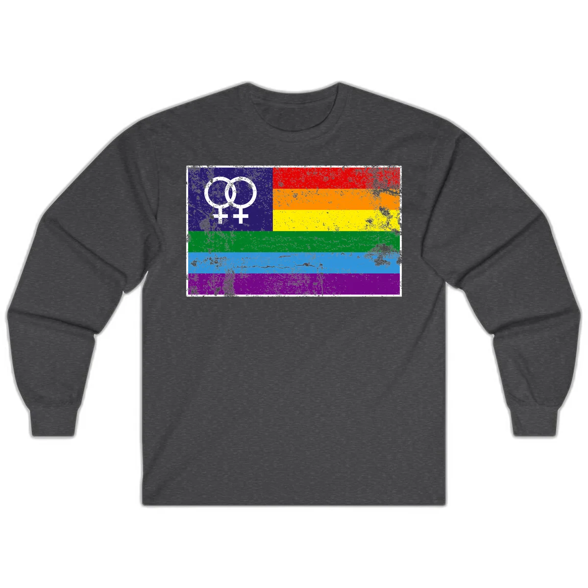 Lesbian pride flag with two interlocking female symbols on distressed background, rainbow stripes design in Dark Heather