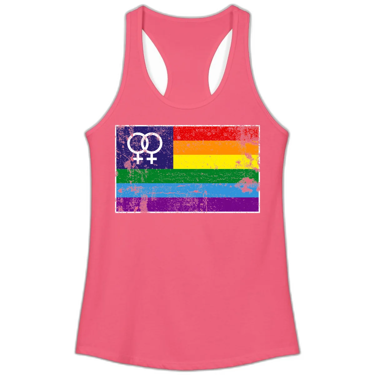 Lesbian pride flag with two interlocking female symbols on distressed background, rainbow stripes design in Hot Pink