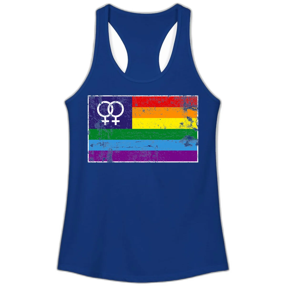 Lesbian pride flag with two interlocking female symbols on distressed background, rainbow stripes design in Solid Royal