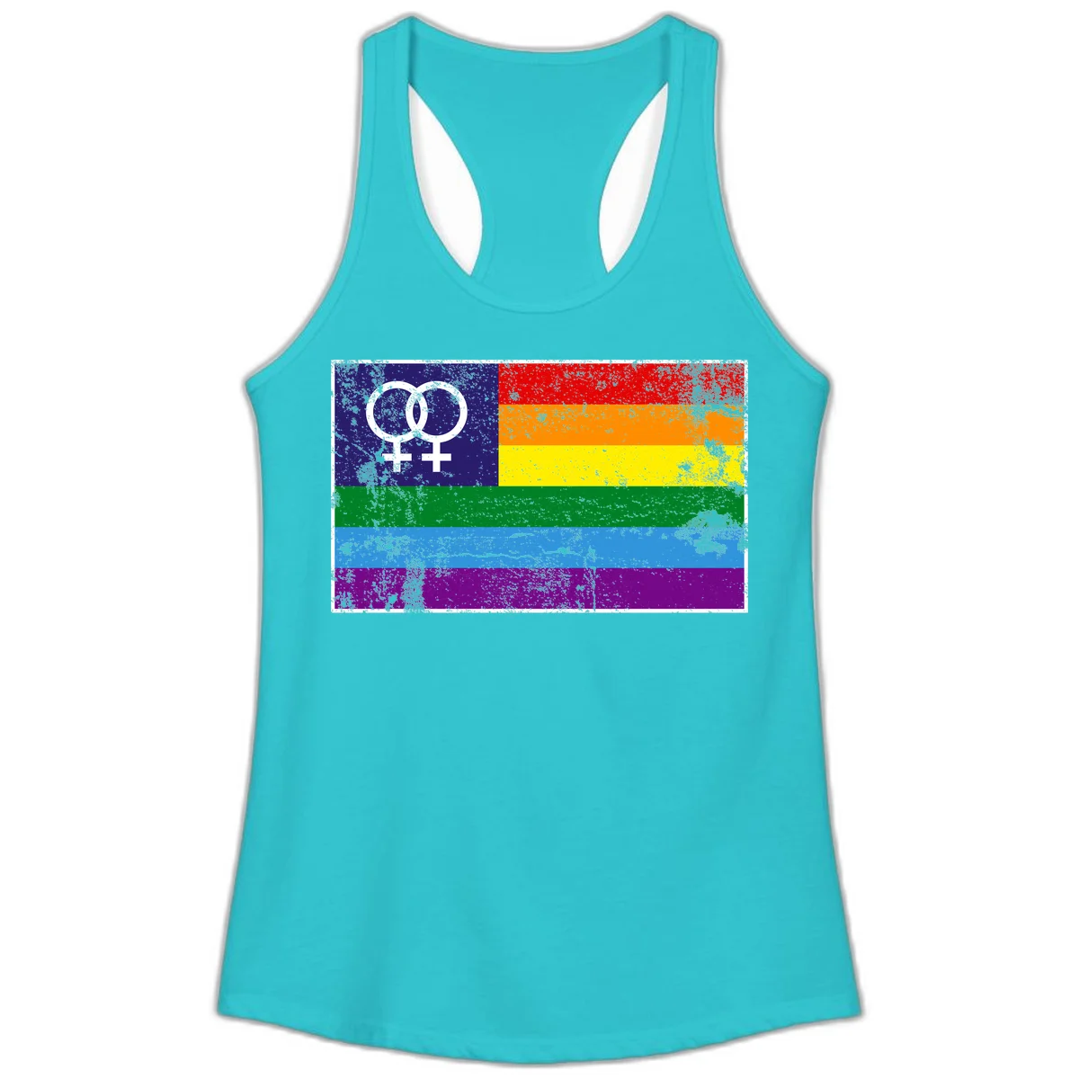 Lesbian pride flag with two interlocking female symbols on distressed background, rainbow stripes design in Solid Tahiti Blue