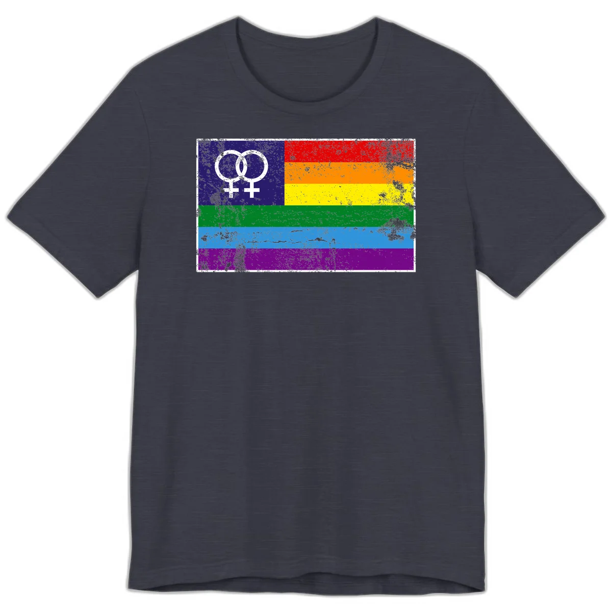 Lesbian pride flag with two interlocking female symbols on distressed background, rainbow stripes design in Heather Midnight Navy