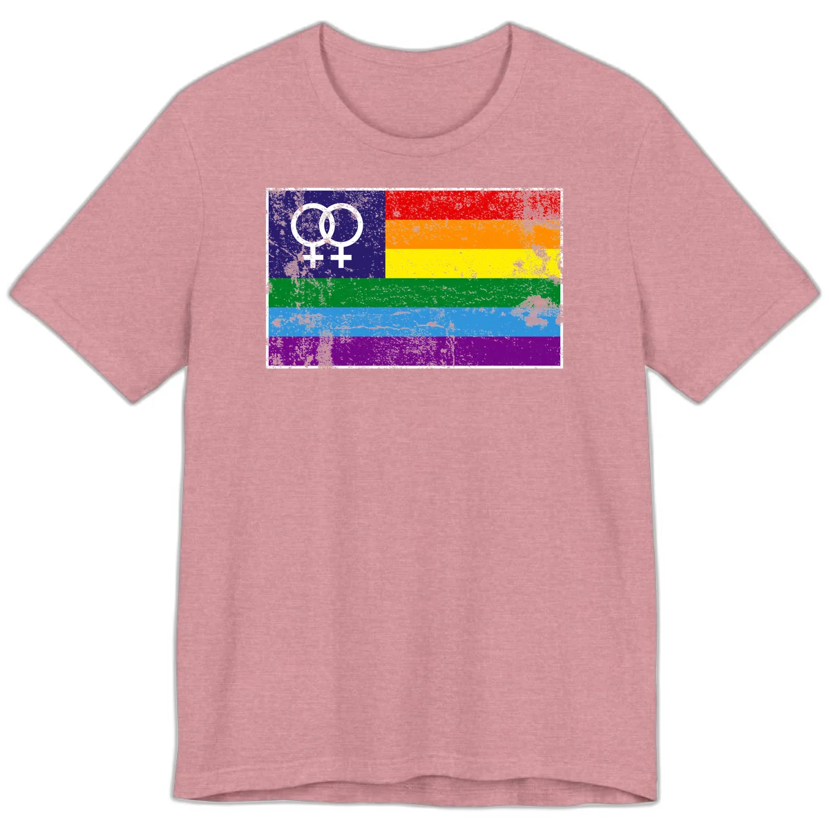 Lesbian pride flag with two interlocking female symbols on distressed background, rainbow stripes design in Heather Orchid