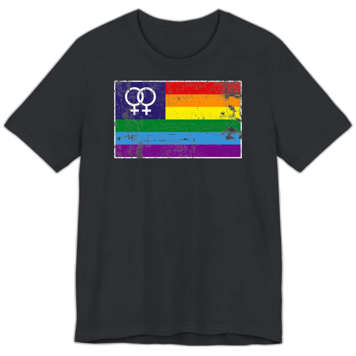 Lesbian pride flag with two interlocking female symbols on distressed background, rainbow stripes design in Vintage Black