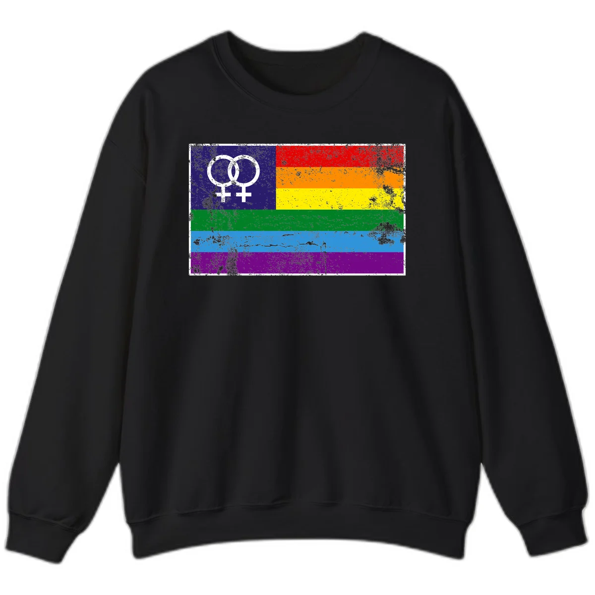 Lesbian pride flag with two interlocking female symbols on distressed background, rainbow stripes design in Black