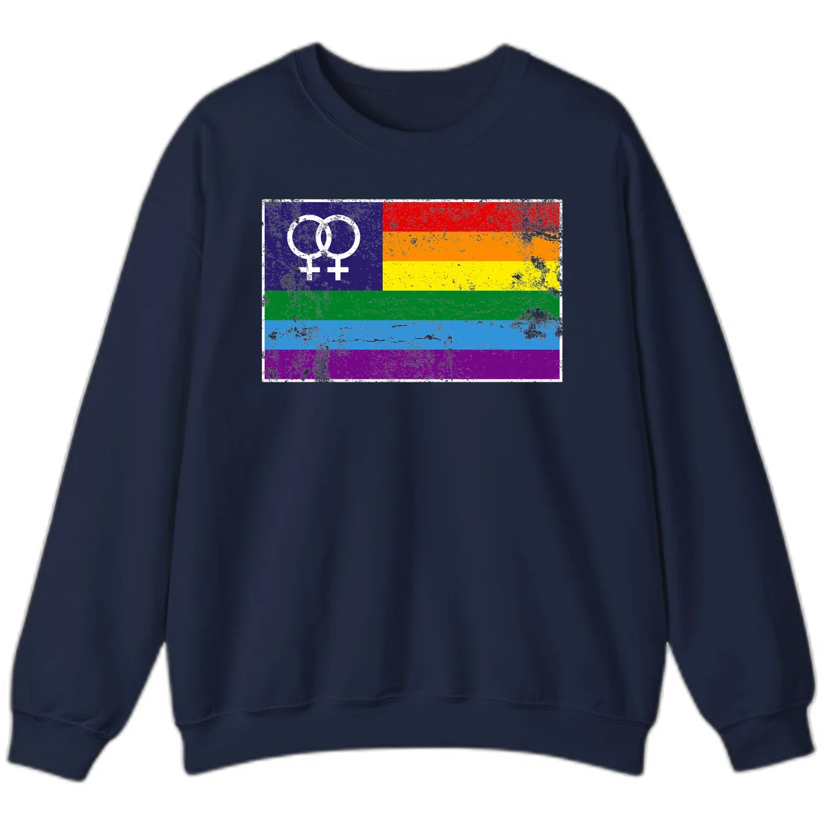 Lesbian pride flag with two interlocking female symbols on distressed background, rainbow stripes design in Navy