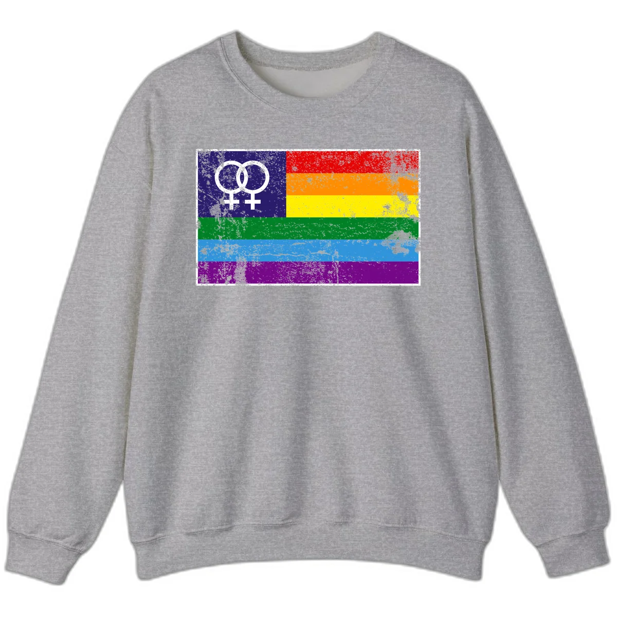 Lesbian pride flag with two interlocking female symbols on distressed background, rainbow stripes design in Sport Grey