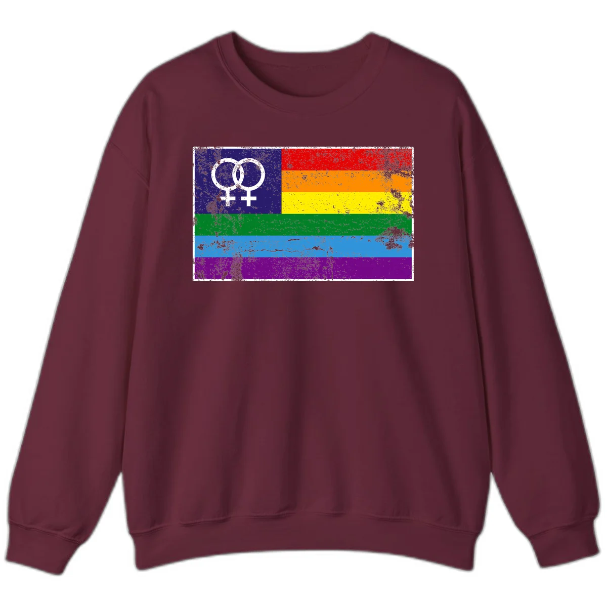 Lesbian pride flag with two interlocking female symbols on distressed background, rainbow stripes design in Maroon